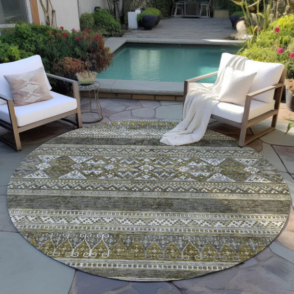 8' Taupe Beige And Ivory Round Southwestern Washable Indoor Outdoor Area Rug