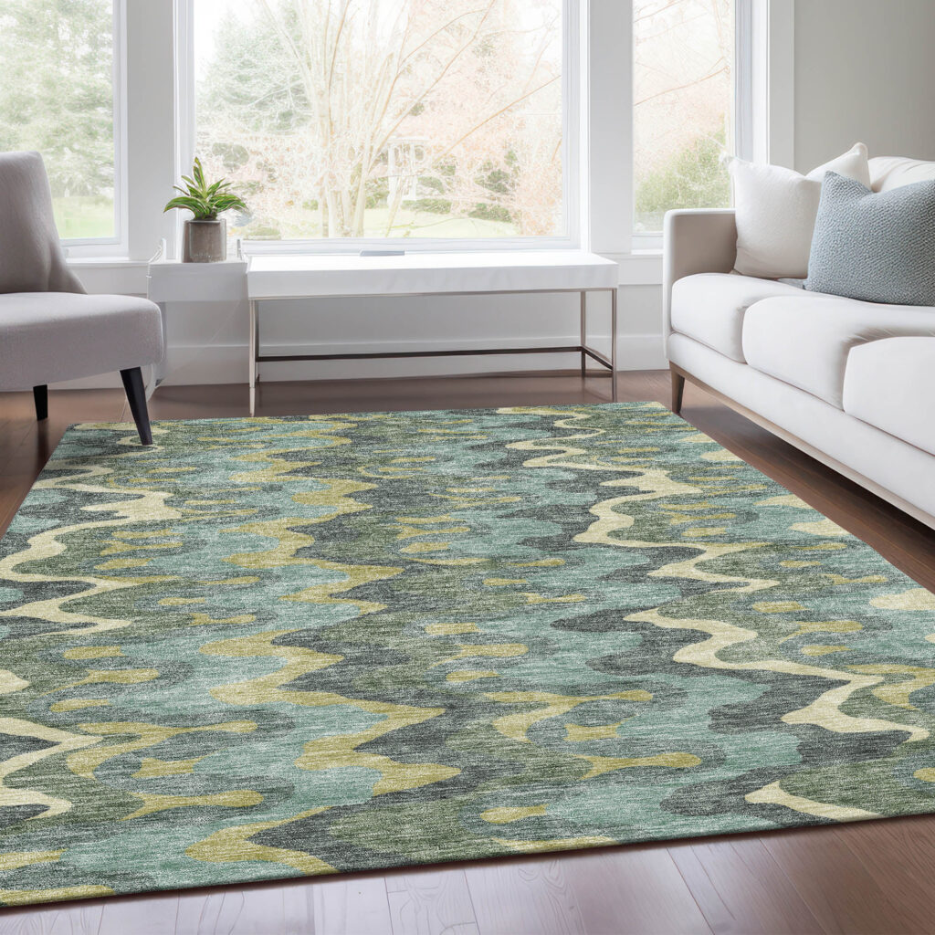 3' X 5' Sage And Artichoke Green Abstract Washable Indoor Outdoor Area Rug