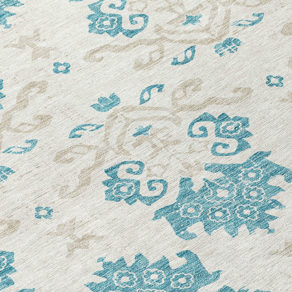 8' Teal Blue Silver And Gray Round Oriental Washable Indoor Outdoor Area Rug