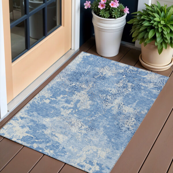 3' X 5' Denim Blue And Sky Blue Floral Washable Indoor Outdoor Area Rug