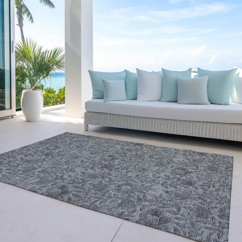 10' X 14' Gray Charcoal And Silver Floral Washable Indoor Outdoor Area Rug