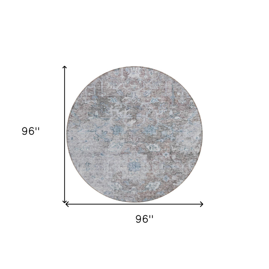 8' Brown And Blue Round Oriental Washable Indoor Outdoor Area Rug