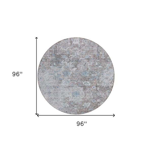 8' Brown And Blue Round Oriental Washable Indoor Outdoor Area Rug