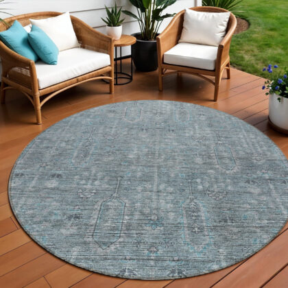8' Teal Blue And Gray Round Southwestern Washable Indoor Outdoor Area Rug