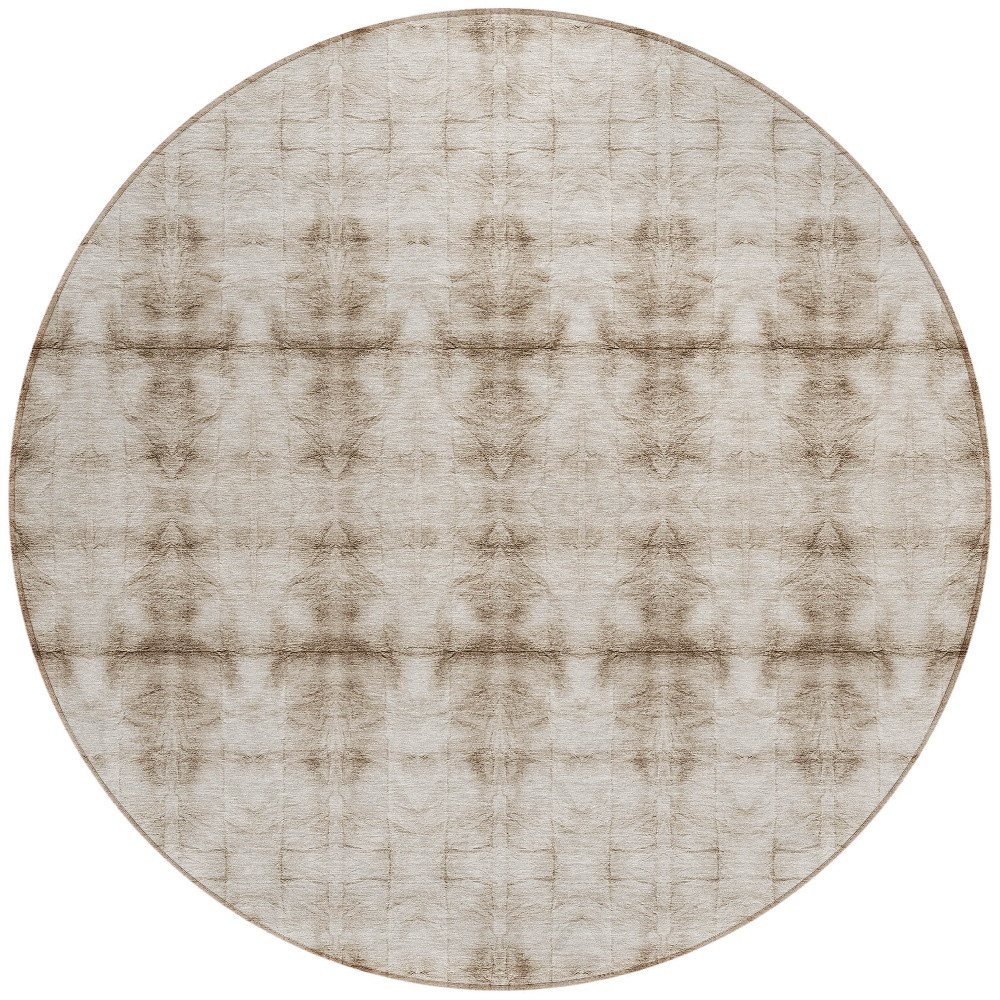 8' Beige Taupe And Tan Round Geometric Washable Indoor Outdoor Area Rug