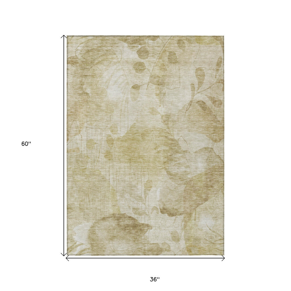 3' X 5' Beige Tan And Ivory Floral Washable Indoor Outdoor Area Rug