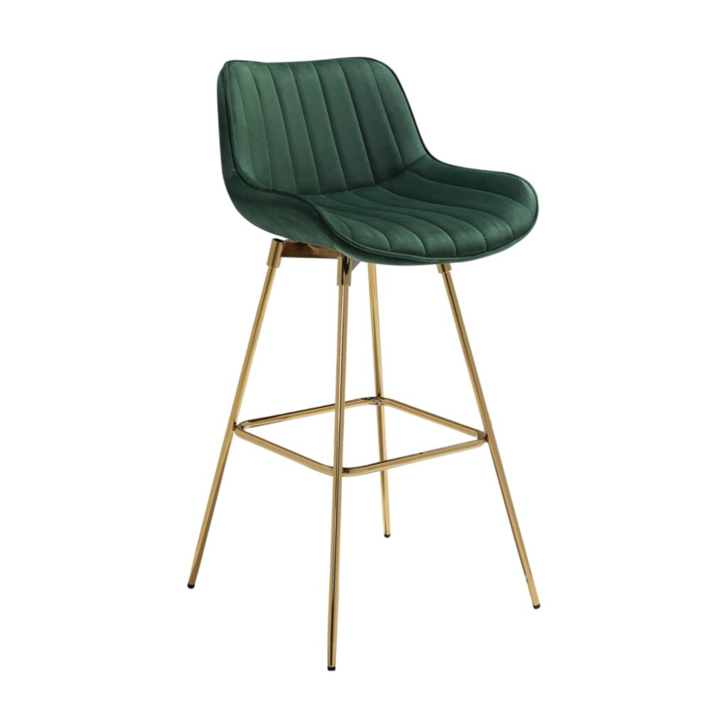 Set of Two 29" Green and Gold Velvet and Metal Low Back Bar Height Swivel Bar Chairs
