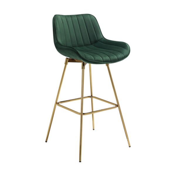 Set of Two 29" Green and Gold Velvet and Metal Low Back Bar Height Swivel Bar Chairs