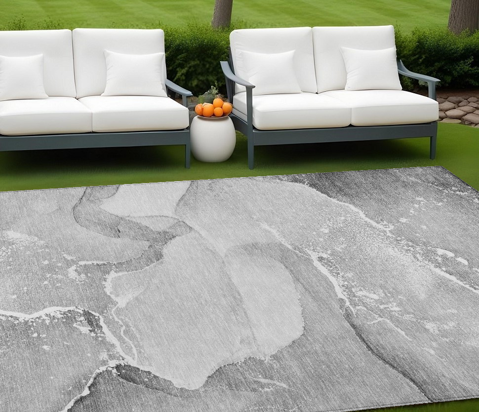 8' X 10' Gray and Ivory Abstract Washable Non Skid Indoor Outdoor Area Rug