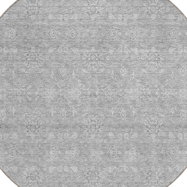 8' Gray Silver And Ivory Round Floral Washable Indoor Outdoor Area Rug