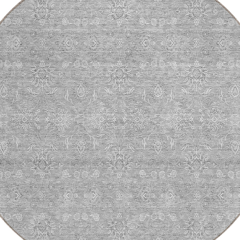 8' Gray Silver And Ivory Round Floral Washable Indoor Outdoor Area Rug