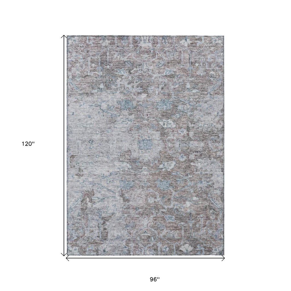 8' X 10' Brown And Blue Oriental Washable Indoor Outdoor Area Rug