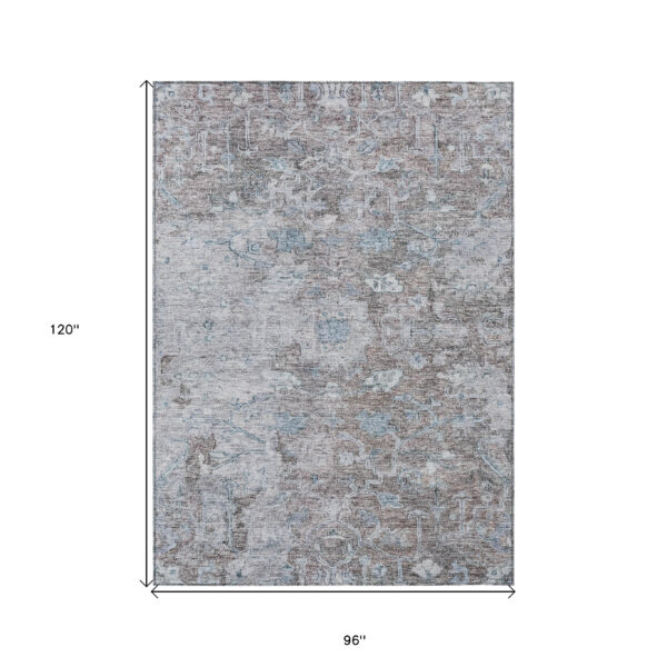 8' X 10' Brown And Blue Oriental Washable Indoor Outdoor Area Rug