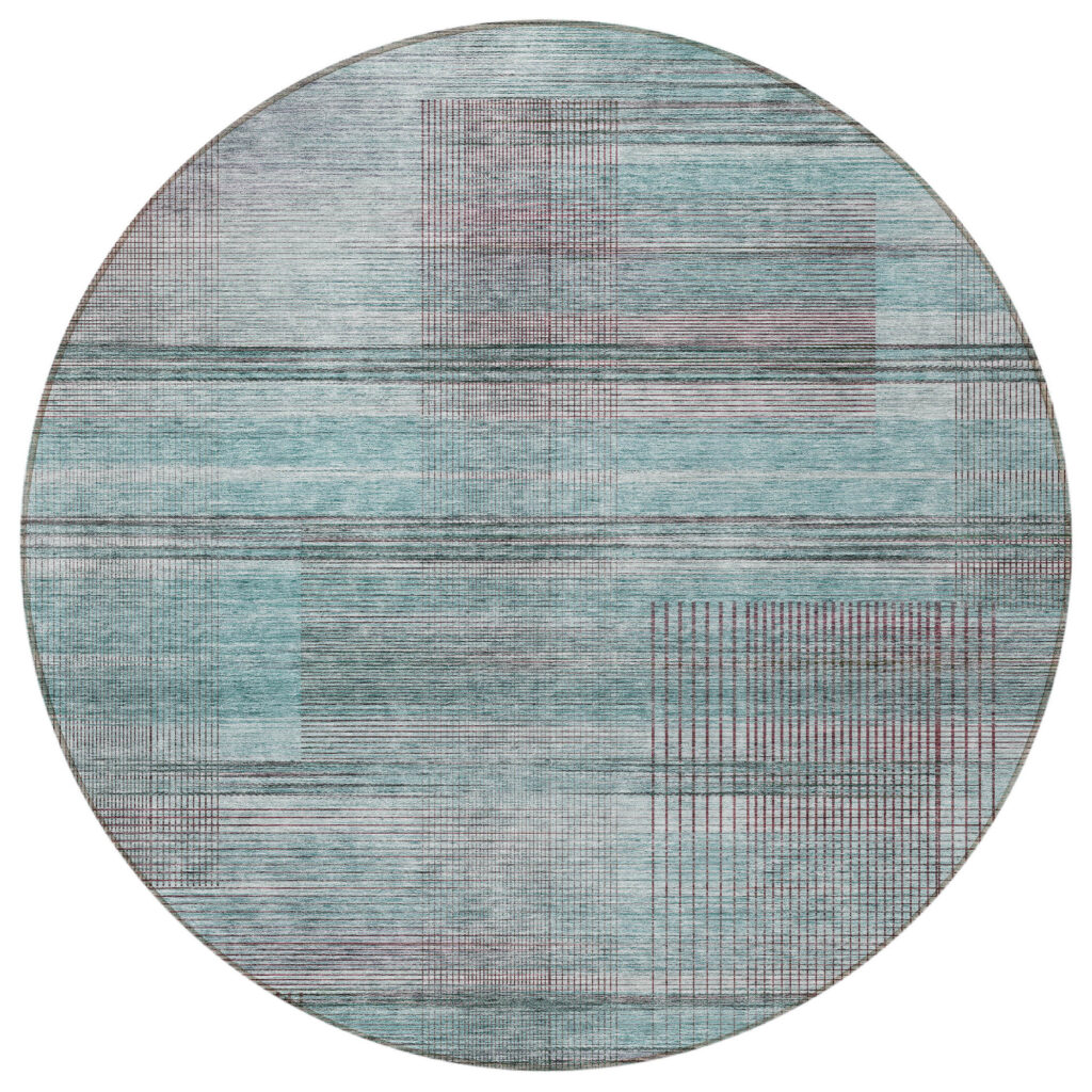 8' Teal Blue Gray And Charcoal Round Striped Washable Indoor Outdoor Area Rug