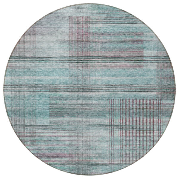 8' Teal Blue Gray And Charcoal Round Striped Washable Indoor Outdoor Area Rug