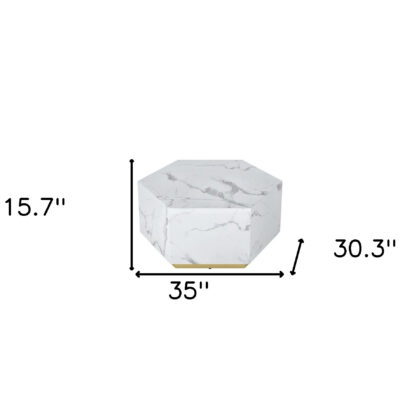 35" White And Gold Faux Marble Hexagon Drum Coffee Table
