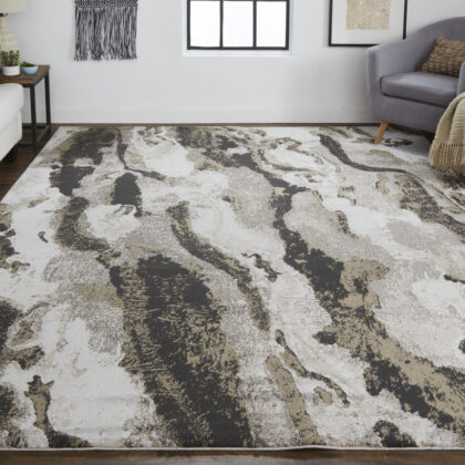 7' x 10' Brown and Ivory Abstract Power Loom Distressed Area Rug
