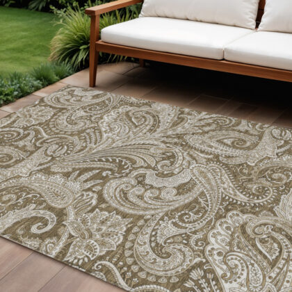 9' X 12' Chocolate Beige And Ivory Paisley Washable Indoor Outdoor Area Rug