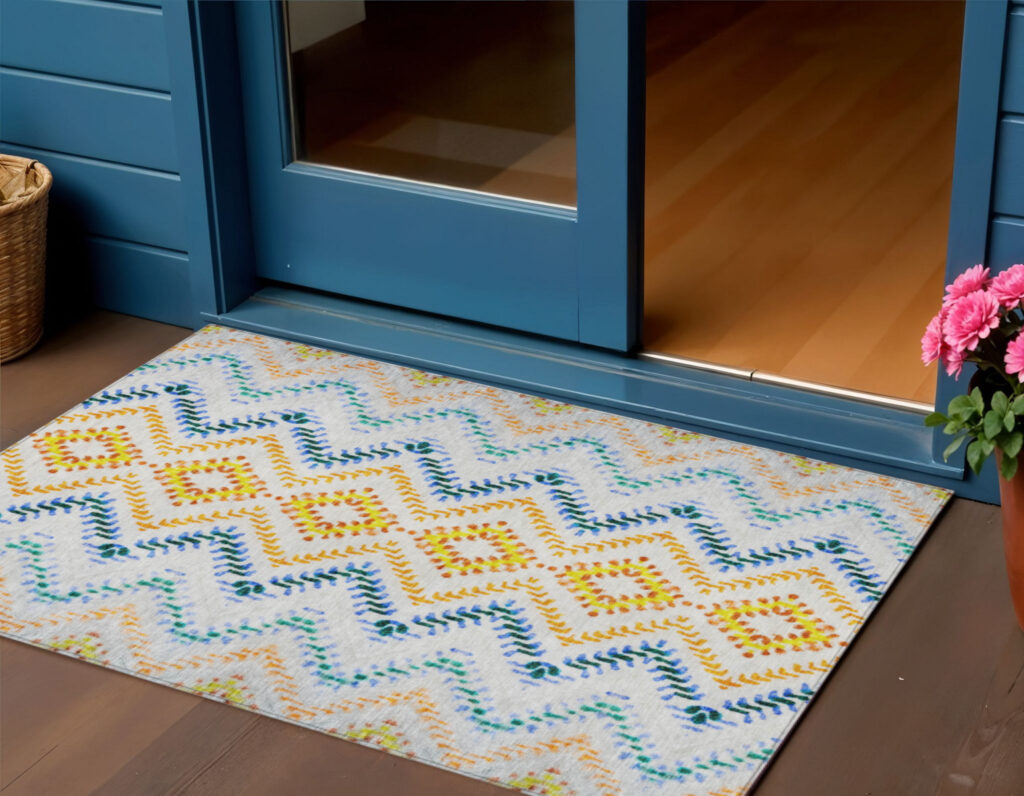 3' X 5' Ivory Blue And Purple Geometric Washable Indoor Outdoor Area Rug