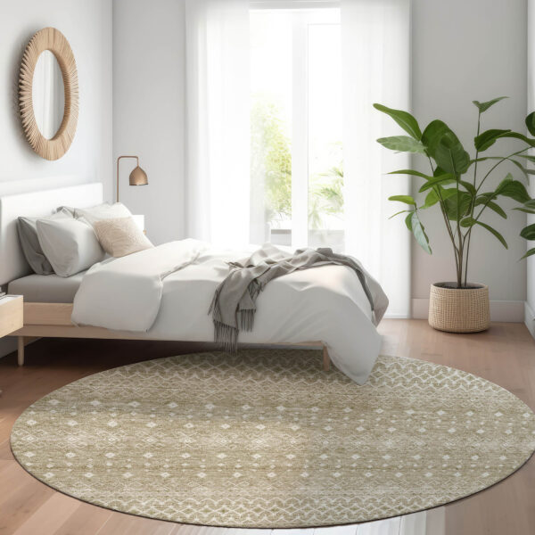 8' Taupe Green And Ivory Round Tribal Washable Indoor Outdoor Area Rug