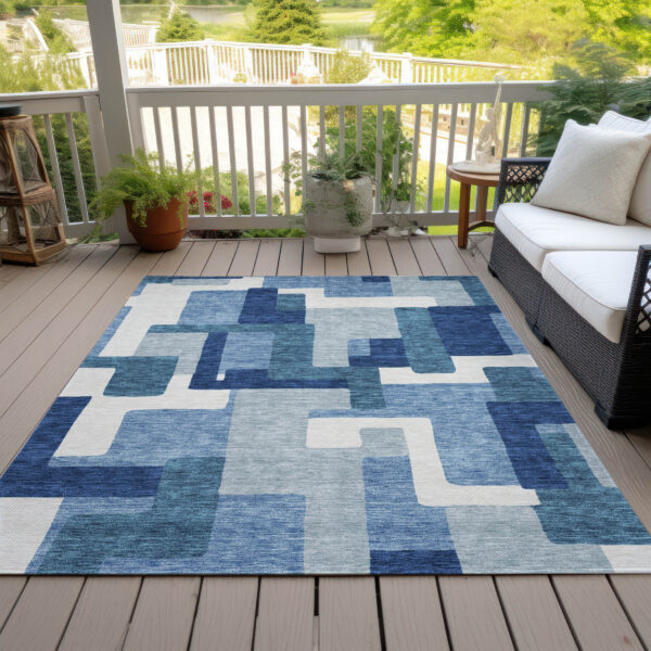 3' X 5' Navy Blue And Sky Blue Abstract Washable Indoor Outdoor Area Rug