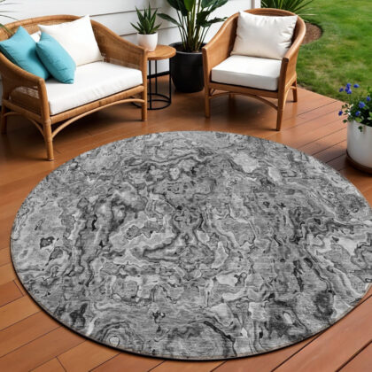 8' Gray Charcoal And Silver Round Abstract Washable Indoor Outdoor Area Rug