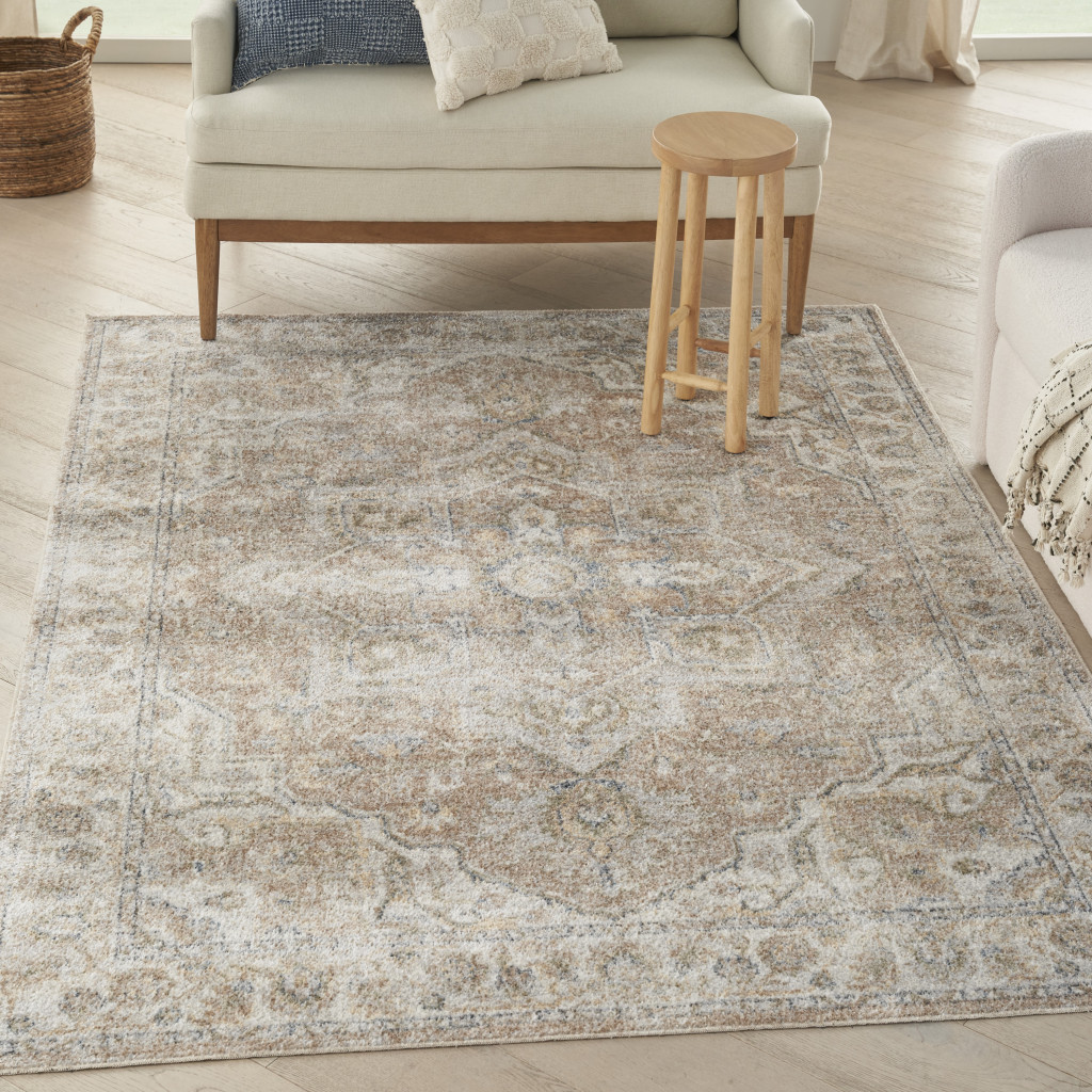 5' X 7' Beige Oriental Power Loom Washable Area Rug