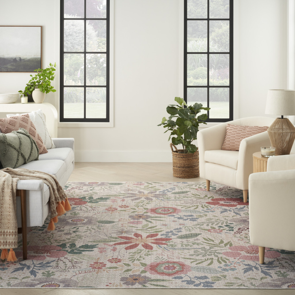 8' x 10' Ivory Green and Red Floral Power Loom Washable Non Skid Area Rug