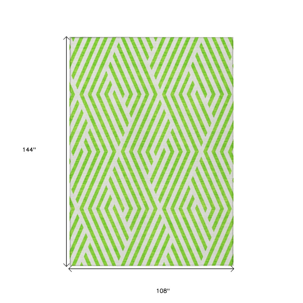 9' X 12' Lime Green and White Geometric Washable Non Skid Indoor Outdoor Area Rug