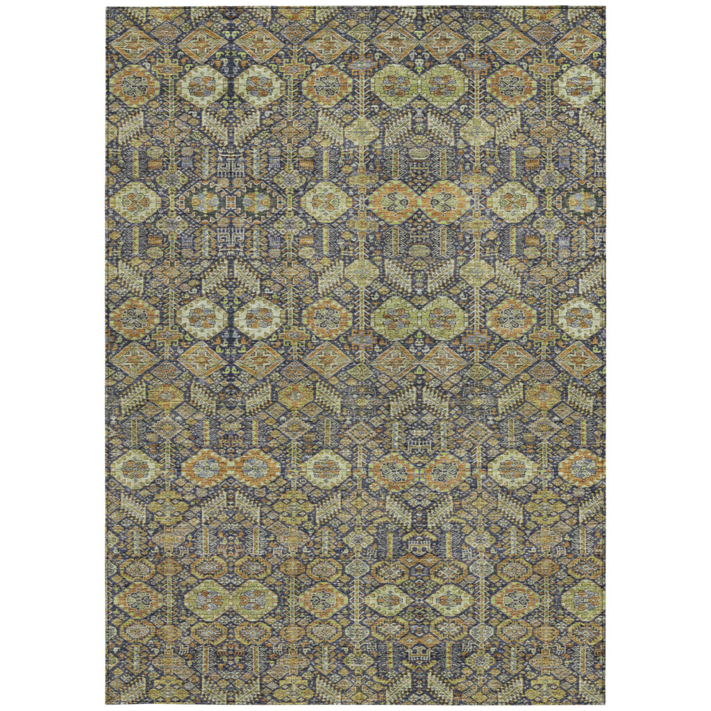 3' X 5' Blue and Orange Floral Washable Non Skid Indoor Outdoor Area Rug