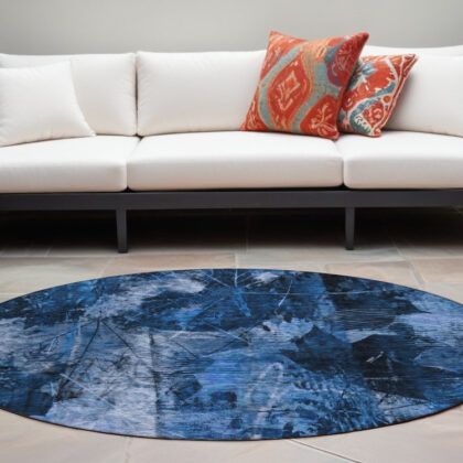 8' Round Navy Blue Round Floral Washable Non Skid Indoor Outdoor Area Rug