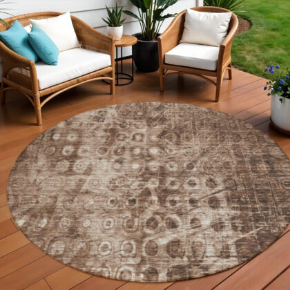 8' Chocolate Round Ikat Washable Indoor Outdoor Area Rug