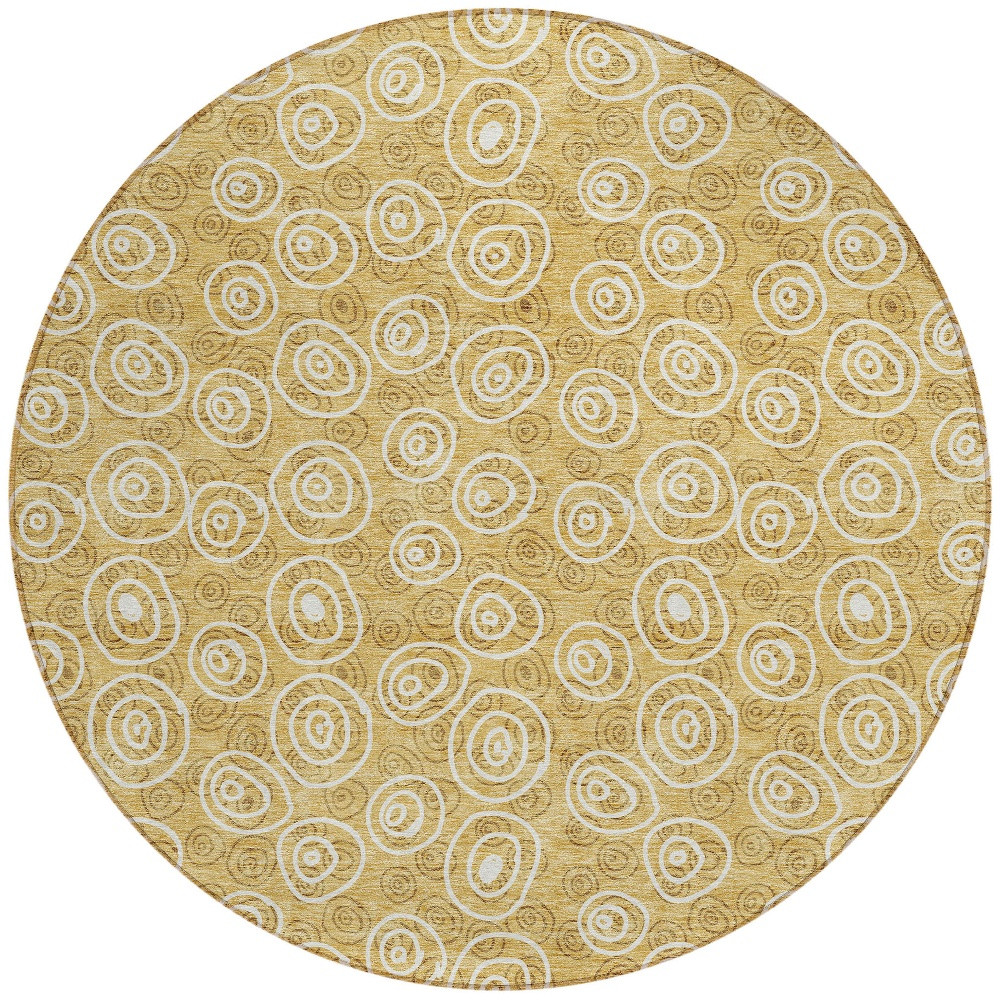 8' Gold Beige And Ivory Round Geometric Washable Indoor Outdoor Area Rug