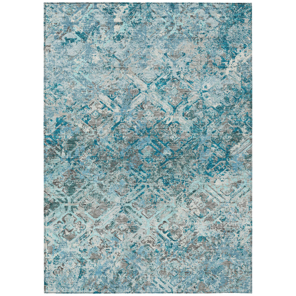 5' X 8' Teal Blue Gray And Charcoal Geometric Washable Indoor Outdoor Area Rug