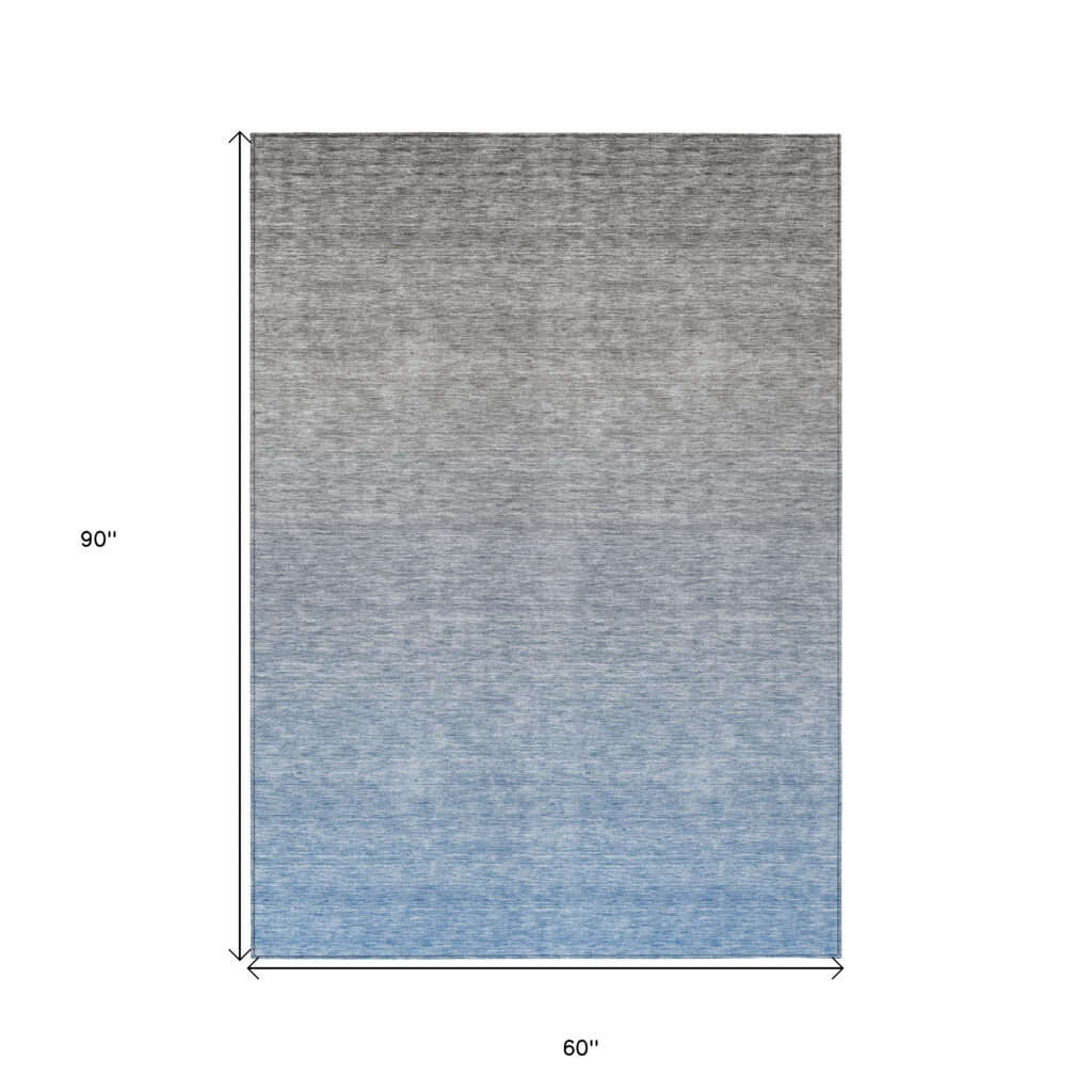 5' X 8' Denim Blue And Gray Ombre Washable Indoor Outdoor Area Rug