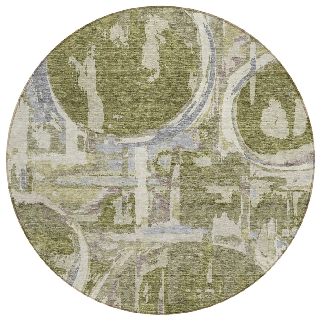 8' Olive Green Gray And Beige Round Geometric Washable Indoor Outdoor Area Rug