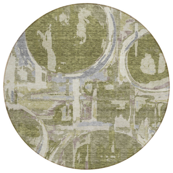 8' Olive Green Gray And Beige Round Geometric Washable Indoor Outdoor Area Rug