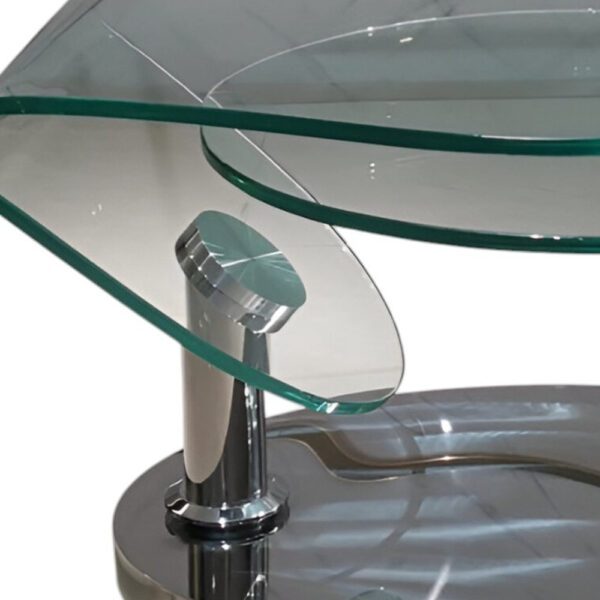 30" Clear And Silver Glass And Metal Oval Abstract Coffee Table