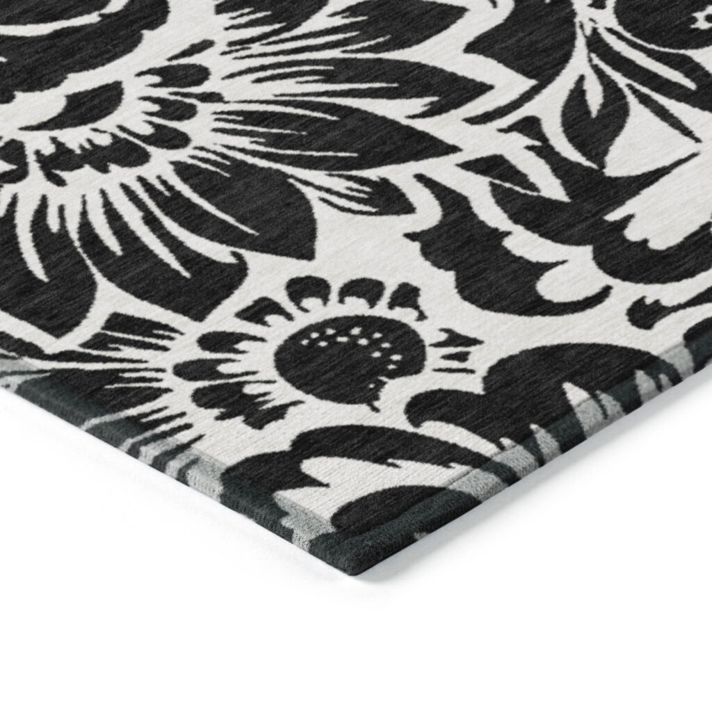 10' X 14' Black and Ivory Floral Washable Non Skid Indoor Outdoor Area Rug