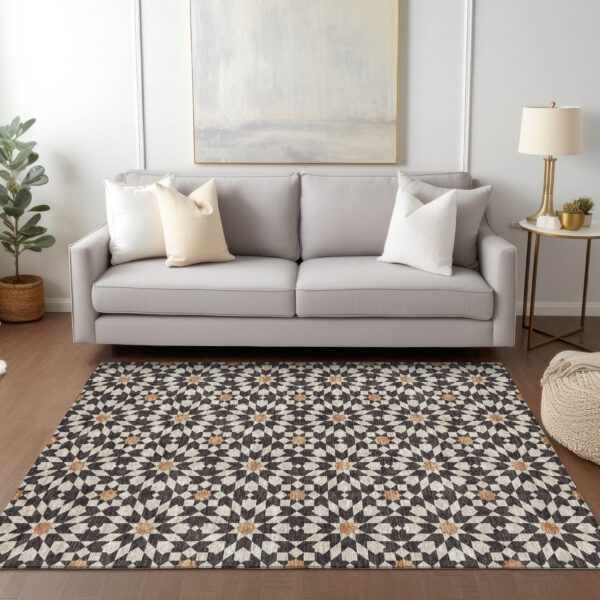 10' X 14' Charcoal Silver And Copper Floral Medallion Washable Indoor Outdoor Area Rug