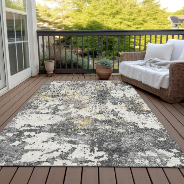 10' X 14' Charcoal Gray And Silver Floral Washable Indoor Outdoor Area Rug