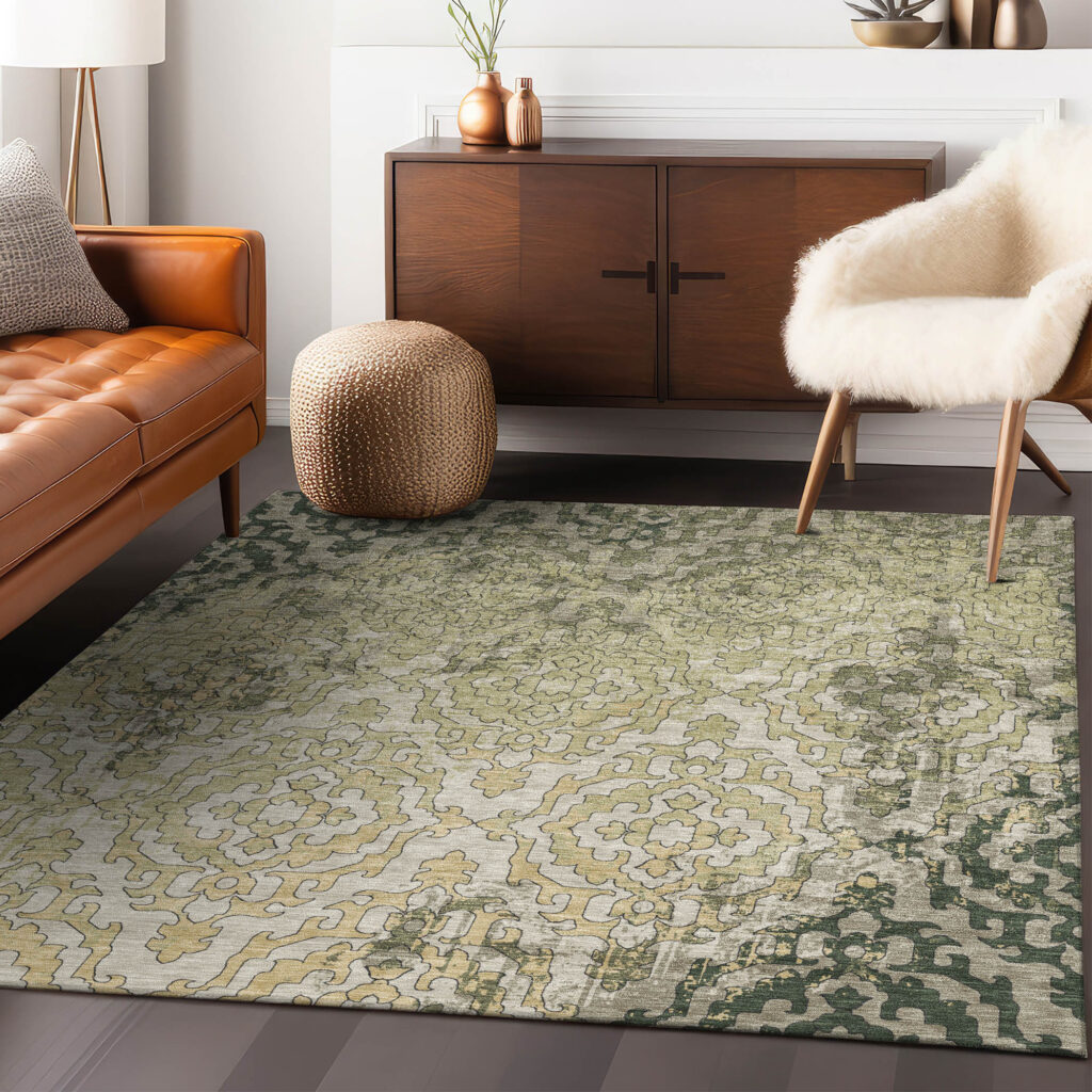 8' X 10' Artichoke Green And Beige Medallion Washable Indoor Outdoor Area Rug