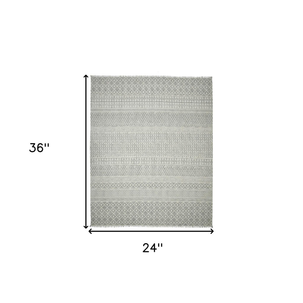 2' x 3' Gray and Ivory Geometric Flatweave Handmade Distressed Area Rug with Fringe