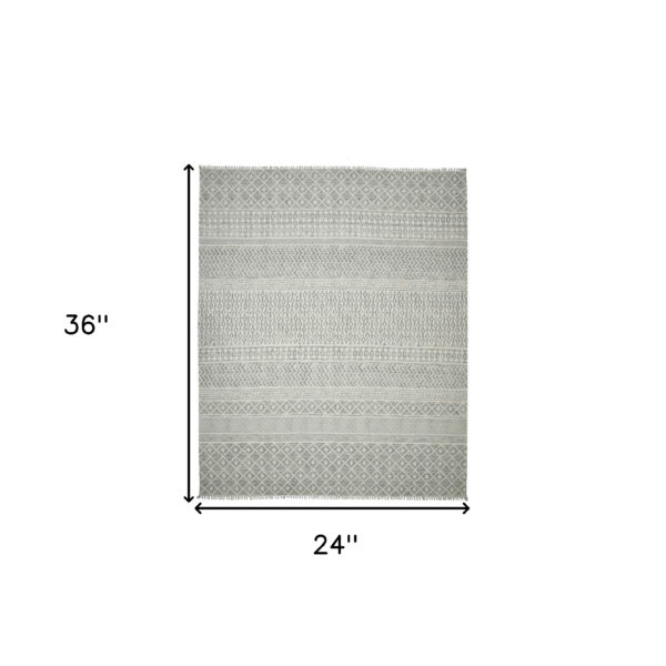 2' x 3' Gray and Ivory Geometric Flatweave Handmade Distressed Area Rug with Fringe