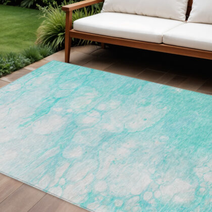 10' X 14' Aqua Ivory And Teal Blue Abstract Washable Indoor Outdoor Area Rug