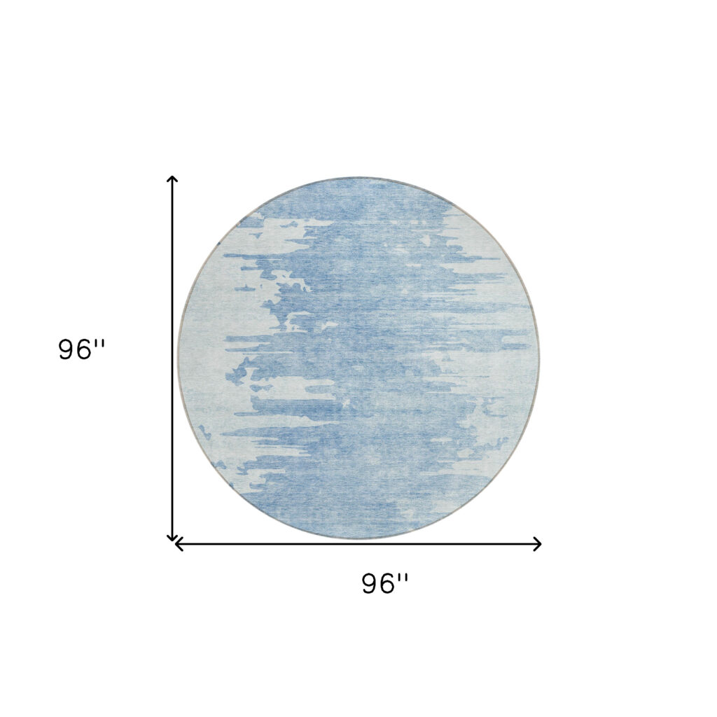 8' Sky Blue And Denim Blue Round Abstract Washable Indoor Outdoor Area Rug