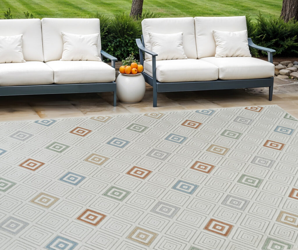 8' X 10' Cream and Beige Geometric Distressed Indoor Outdoor Area Rug