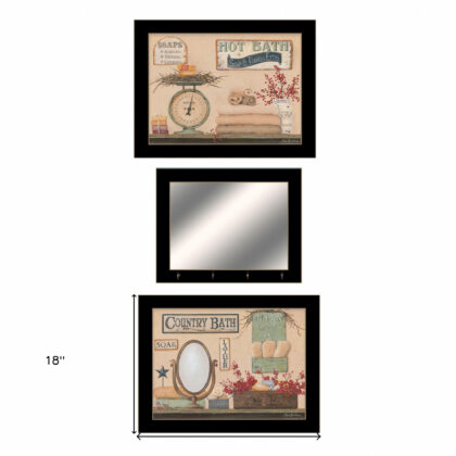 Set Of Three Wash Room Black Frame Bathroom Wall Art with Hooks