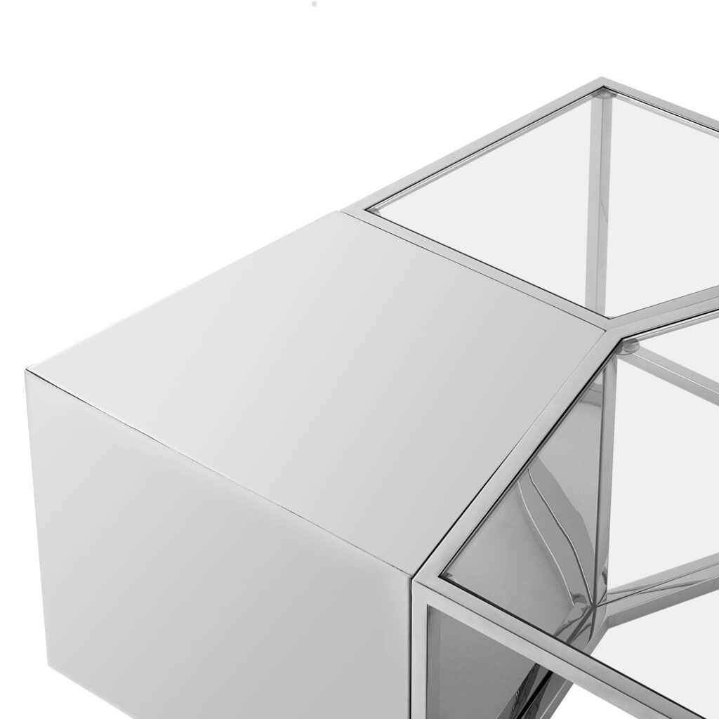 Set of Three 37" Clear And Silver Glass Stainless Steel Square Mirrored Bunching Coffee Tables