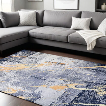 8' x 11' Blue and Yellow Abstract Shag Printed Washable Non Skid Area Rug